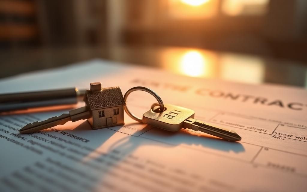 House keys with brass keychain resting on signed documents