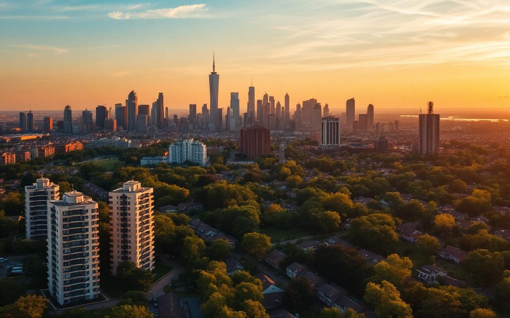 City skyline at golden hour with residential neighborhoods