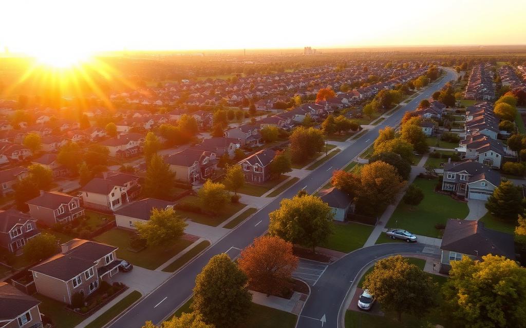Aerial view of an upscale suburban neighborhood at sunrise
