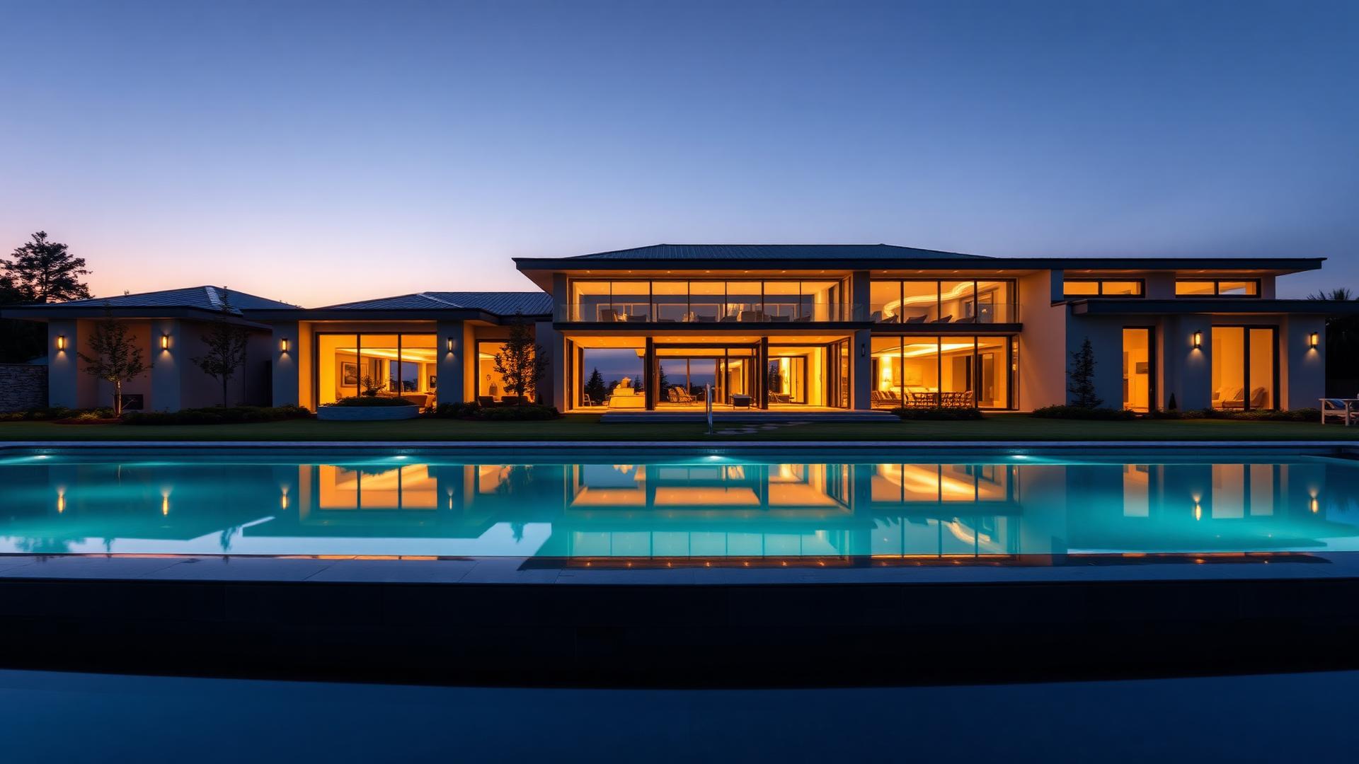 Luxury modern estate at dusk with glowing windows and a still pool