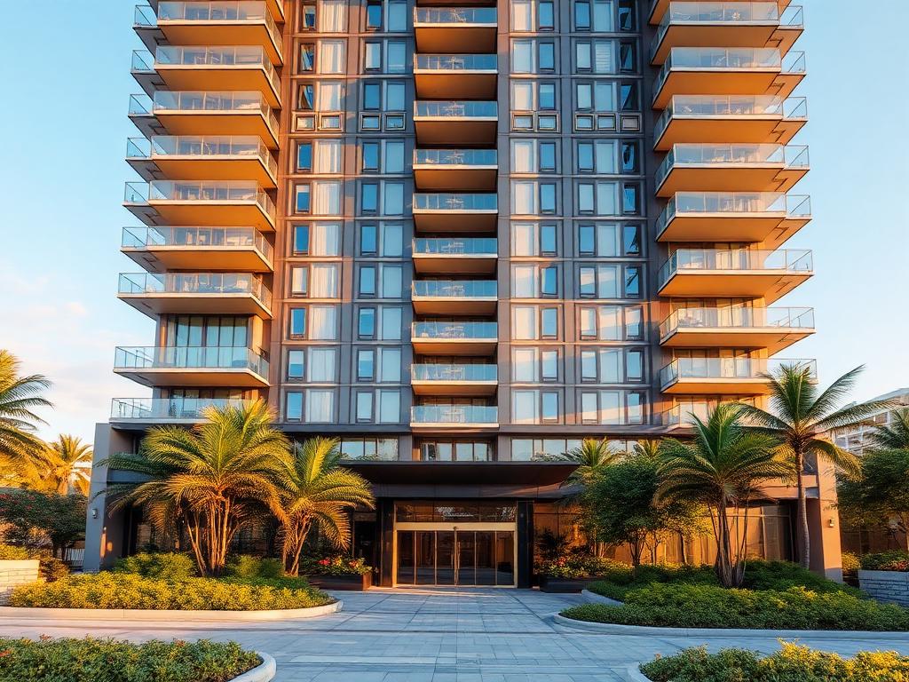 The Halston — luxury condominium tower at golden hour