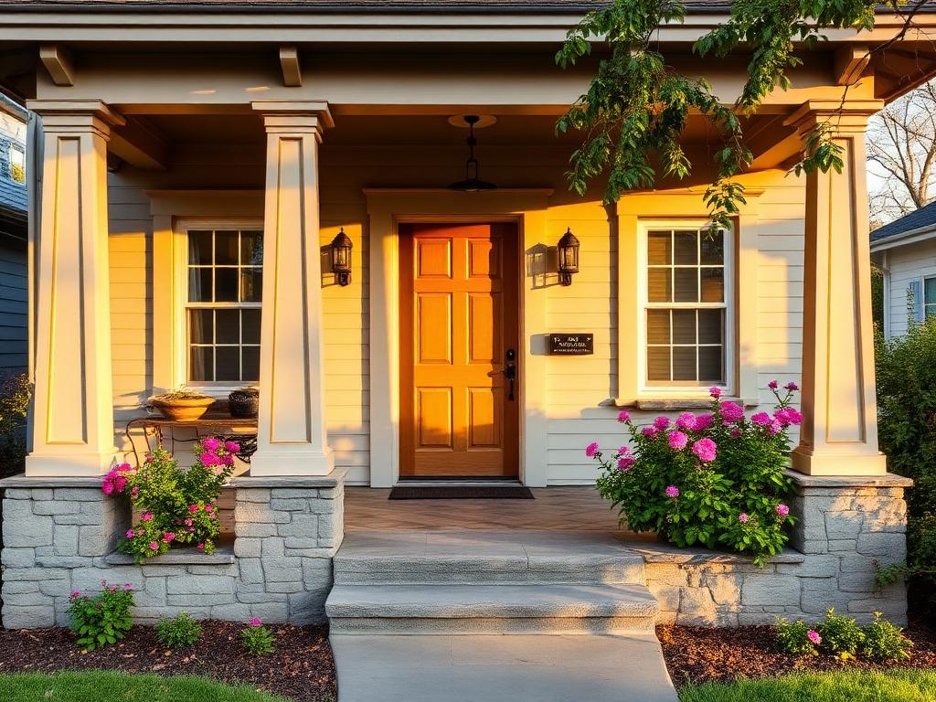 The Rosewood Bungalow — charming craftsman porch at golden hour