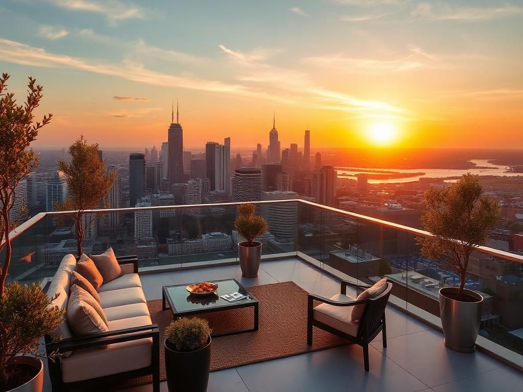 Skyline Penthouse 28 — terrace overlooking the skyline at sunset